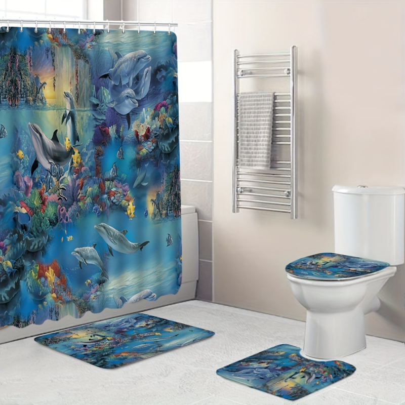Bamboo Bath Mat - 4-teilige Badematte mit Delfinmuster, Teppich mit